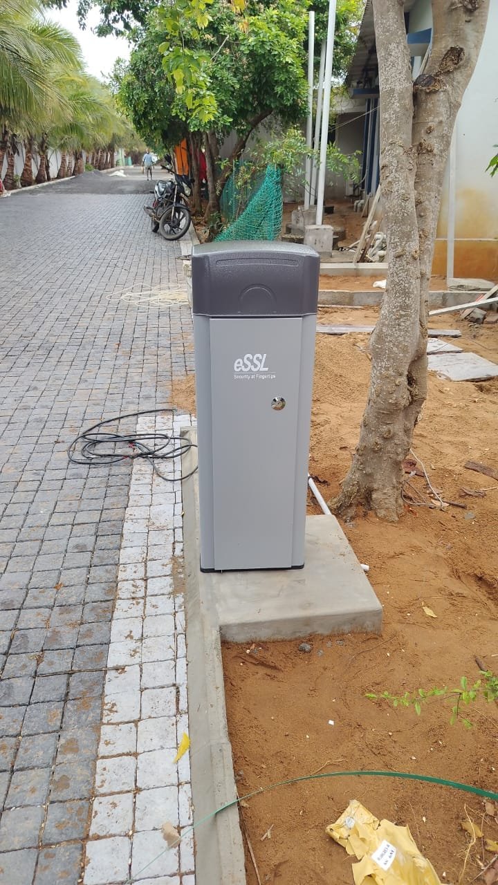 eSSL boom-barrier cabinet positioned on its concrete base at Royal Hatcheries